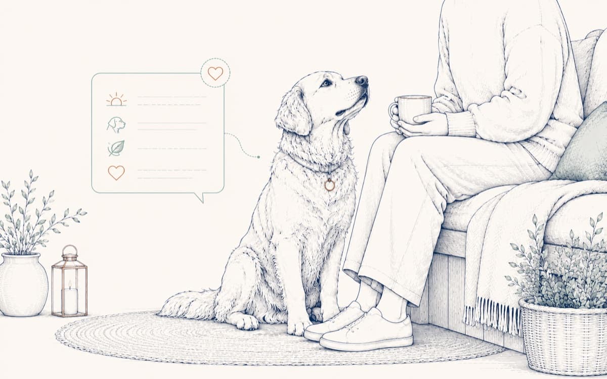 Pencil-style sketch of a dog sitting calmly beside a seated person with a mug, with a note bubble suggesting plain-language updates to the owner.