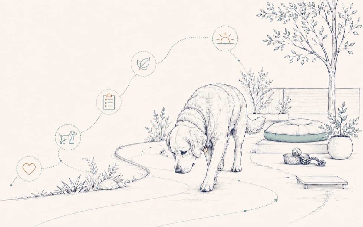 Pencil-style sketch of a dog walking a winding garden path, with small icons suggesting a daily routine matched to the dog.