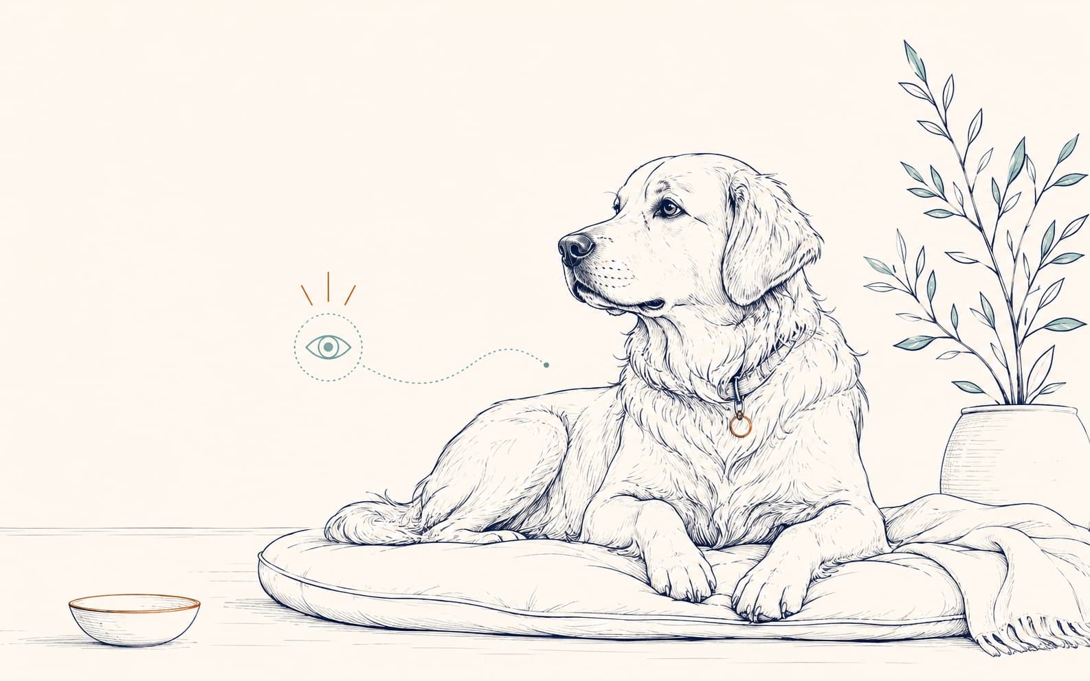 Pencil-style sketch of a calm dog resting on a cushion beside a water bowl and a plant, with a small eye motif suggesting quiet observation.