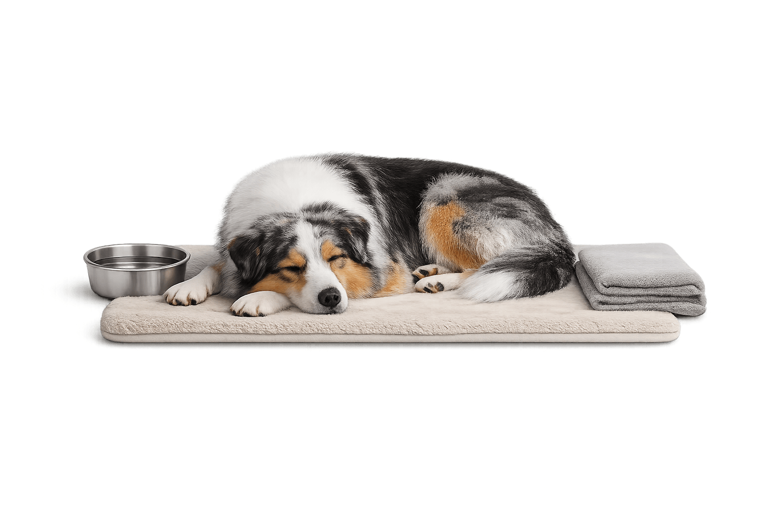Calm dog resting on a soft mat with simple routine objects.