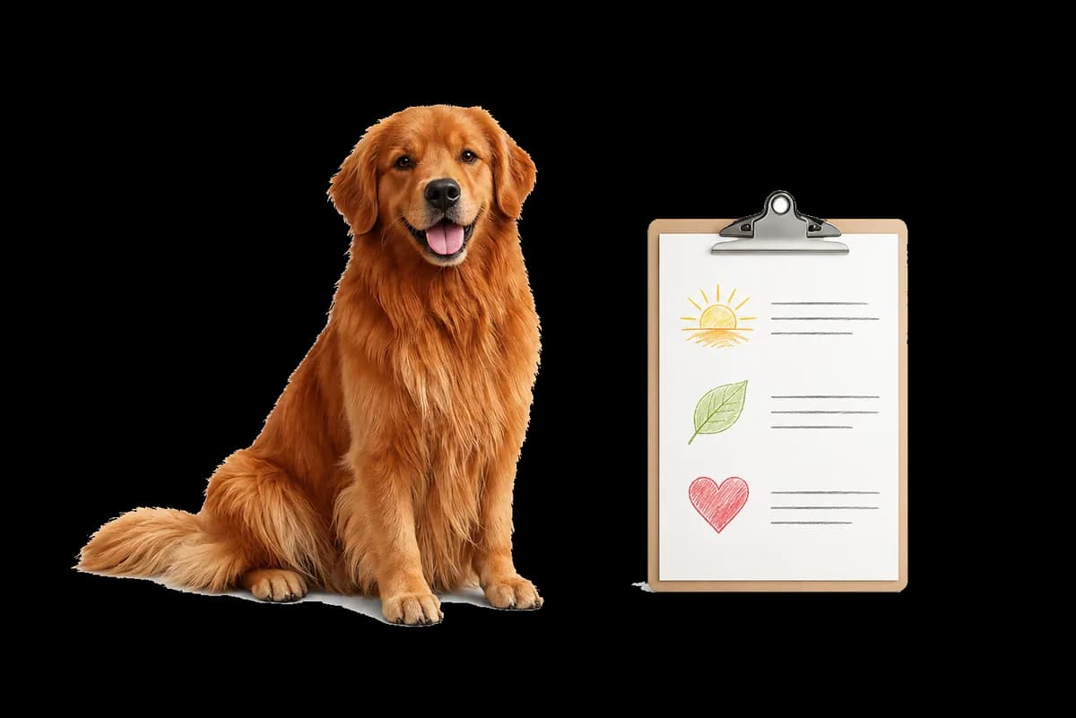 Calm dog beside a simple blank note or clipboard.